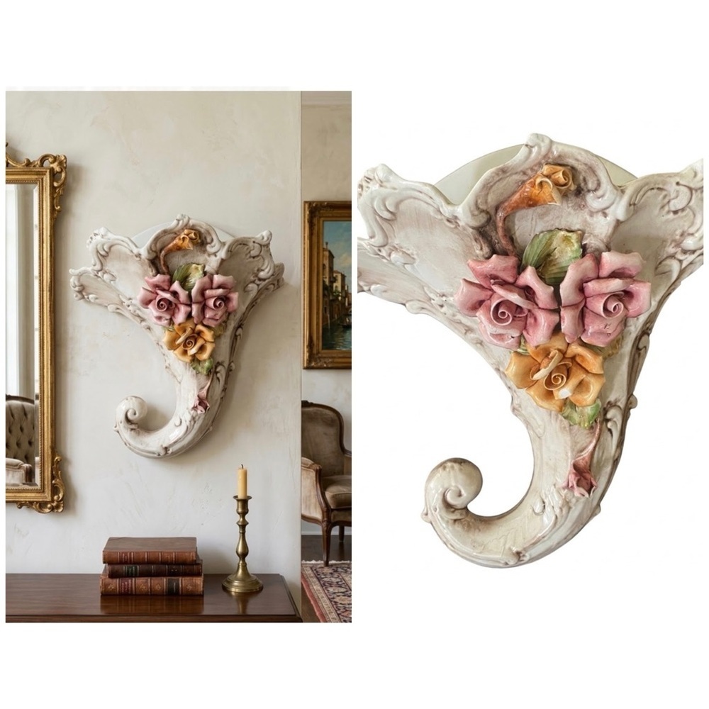 Vintage Italian Capodimonte Porcelain Floral Cornucopia Wall Sconce Planter 14”H